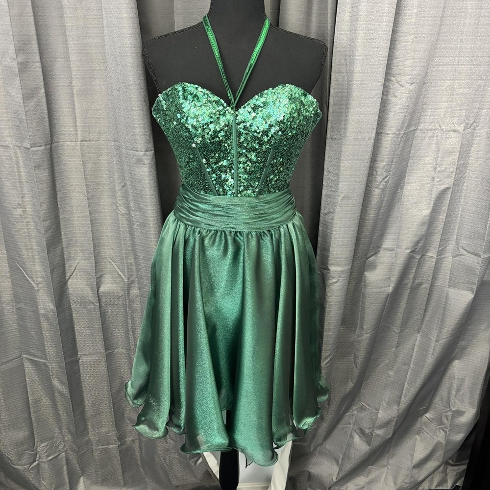 Sherri Hill Dress Womens 2 Emerald Green Sequin Halter Sweetheart‎ Prom Cocktail